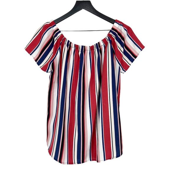 Evereve Allison Joy‎ Medium Blouse Off the Shoulder Striped Top Red Blue White - Picture 1 of 7